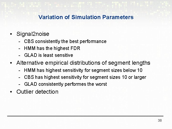 Variation of Simulation Parameters • Signal 2 noise - CBS consistently the best performance