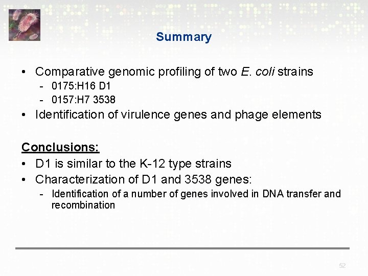 Summary • Comparative genomic profiling of two E. coli strains - 0175: H 16