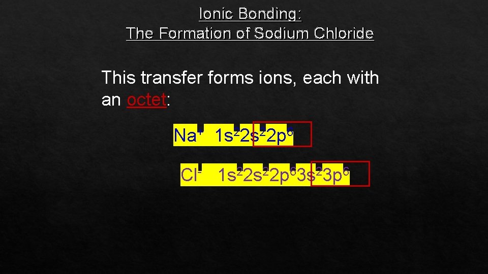Ionic Bonding: The Formation of Sodium Chloride This transfer forms ions, each with an