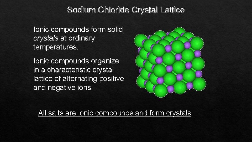 Sodium Chloride Crystal Lattice Ionic compounds form solid crystals at ordinary temperatures. Ionic compounds