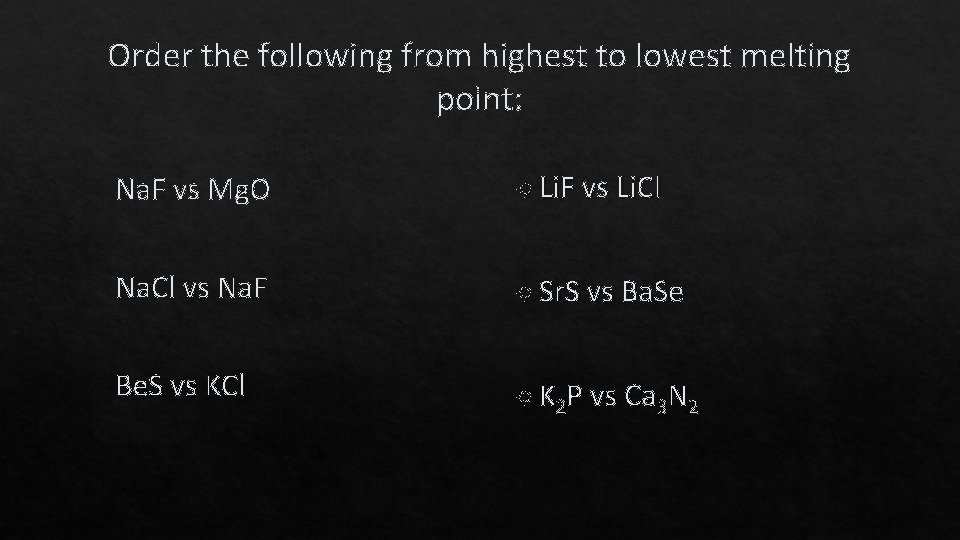 Order the following from highest to lowest melting point: Na. F vs Mg. O