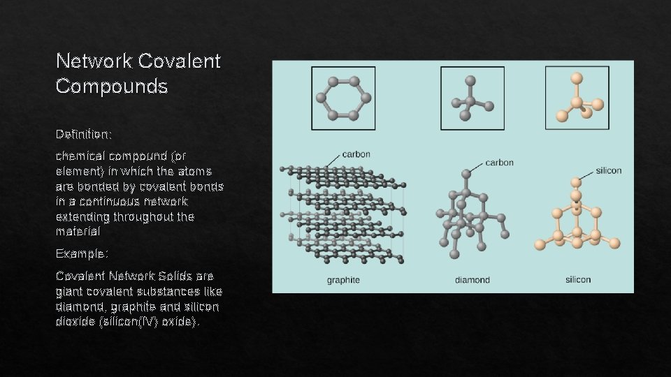 Network Covalent Compounds Definition: chemical compound (or element) in which the atoms are bonded