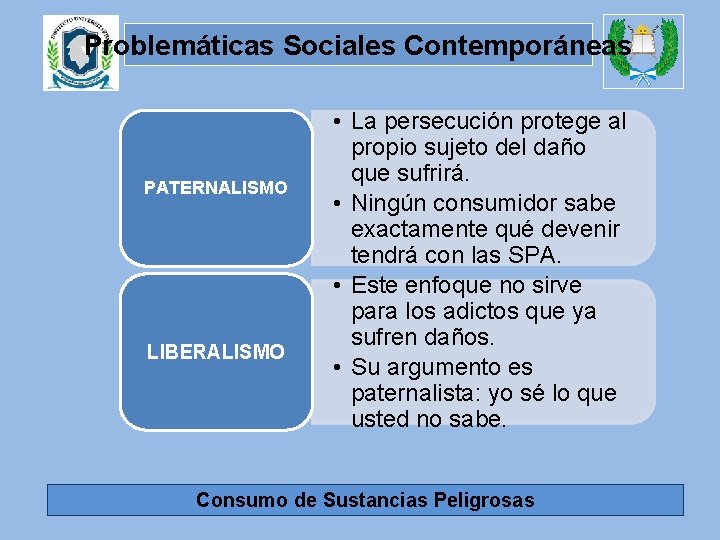 Problemáticas Sociales Contemporáneas PATERNALISMO LIBERALISMO • La persecución protege al propio sujeto del daño
