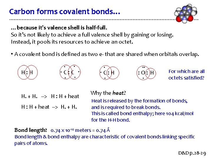 Carbon forms covalent bonds… …because it’s valence shell is half-full. So it’s not likely