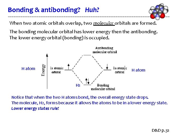 Bonding & antibonding? Huh? When two atomic orbitals overlap, two molecular orbitals are formed.