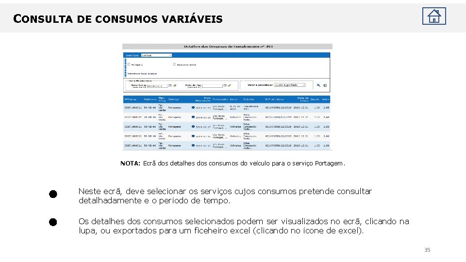 CONSULTA DE CONSUMOS VARIÁVEIS NOTA: Ecrã dos detalhes dos consumos do veículo para o