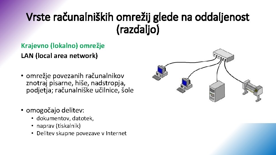 Vrste računalniških omrežij glede na oddaljenost (razdaljo) Krajevno (lokalno) omrežje LAN (local area network)