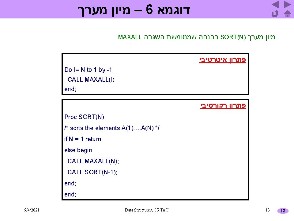  – מיון מערך 6 דוגמא MAXALL בהנחה שממומשת השגרה SORT(N) מיון מערך פתרון
