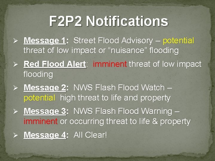 F 2 P 2 Notifications Ø Message 1: Street Flood Advisory – potential threat