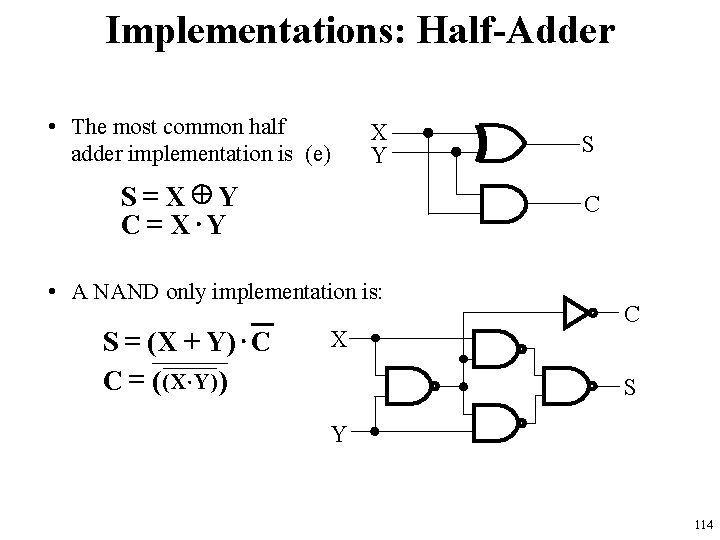 Implementations: Half-Adder • The most common half adder implementation is (e) X Y S