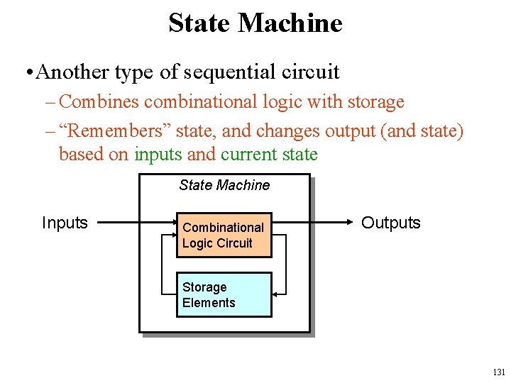 State Machine • Another type of sequential circuit – Combines combinational logic with storage