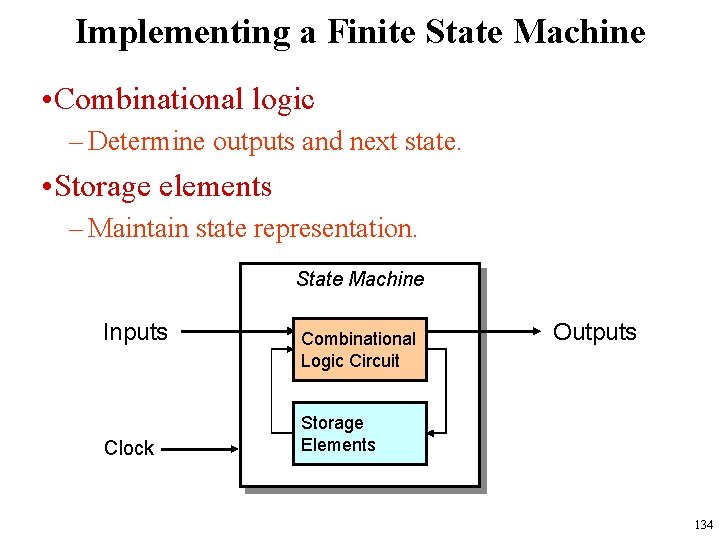 Implementing a Finite State Machine • Combinational logic – Determine outputs and next state.
