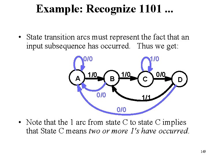 Example: Recognize 1101. . . • State transition arcs must represent the fact that