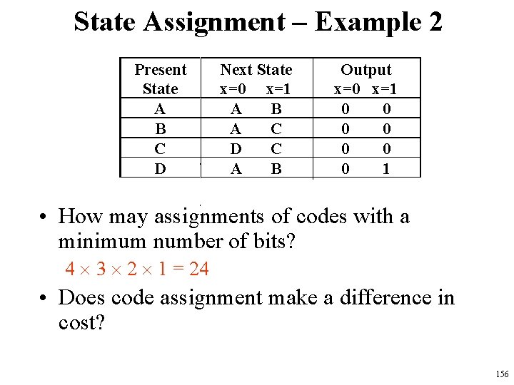 State Assignment – Example 2 Present State A B C D Next State x=0