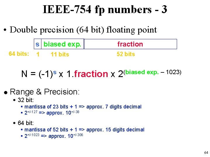 IEEE-754 fp numbers - 3 • Double precision (64 bit) floating point 64 bits: