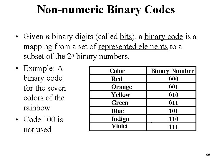 Non-numeric Binary Codes • Given n binary digits (called bits), a binary code is