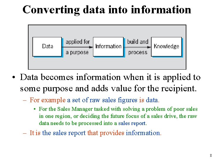 Converting data into information • Data becomes information when it is applied to some