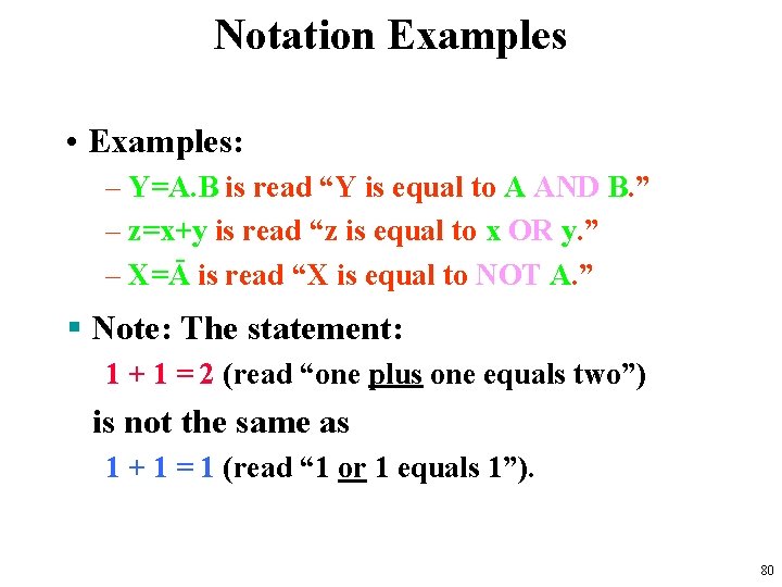 Notation Examples • Examples: – Y=A. B is read “Y is equal to A