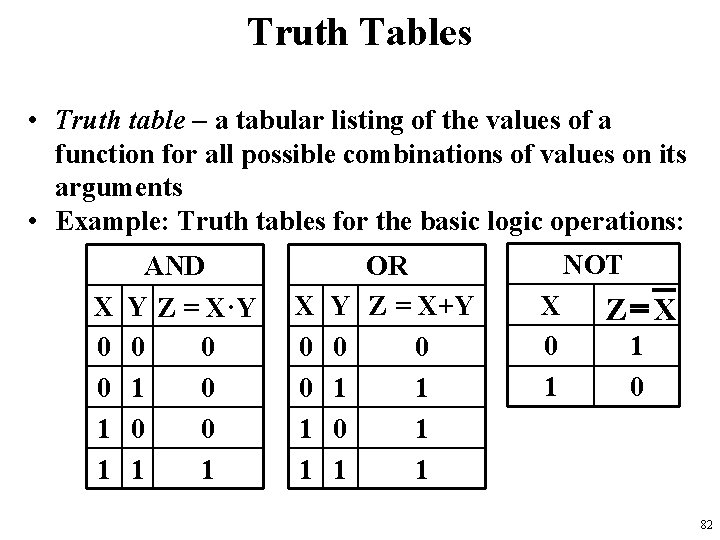 Truth Tables • Truth table - a tabular listing of the values of a