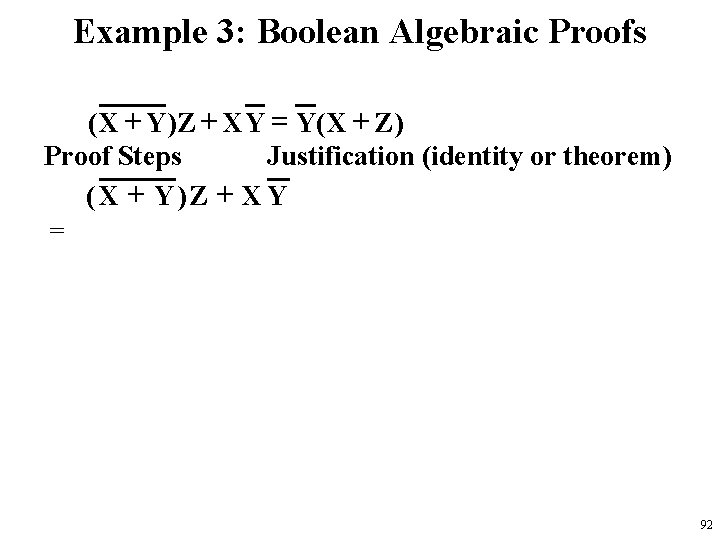 Example 3: Boolean Algebraic Proofs ( X + Y ) Z + X Y