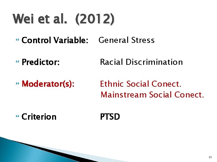 Wei et al. (2012) Control Variable: General Stress Predictor: Racial Discrimination Moderator(s): Ethnic Social