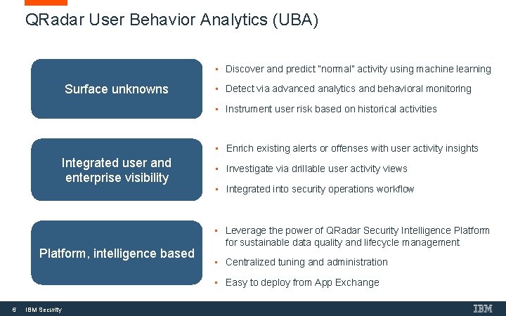 QRadar User Behavior Analytics (UBA) • Discover and predict “normal” activity using machine learning