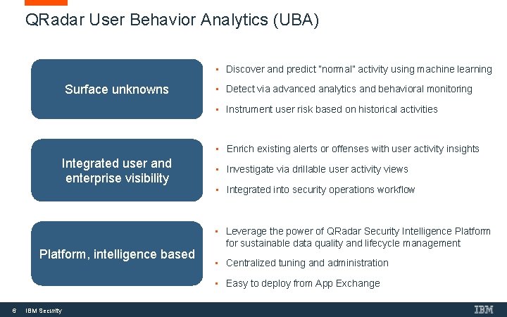 QRadar User Behavior Analytics (UBA) • Discover and predict “normal” activity using machine learning QRadar User Behavior Analytics (UBA) • Discover and predict “normal” activity using machine learning