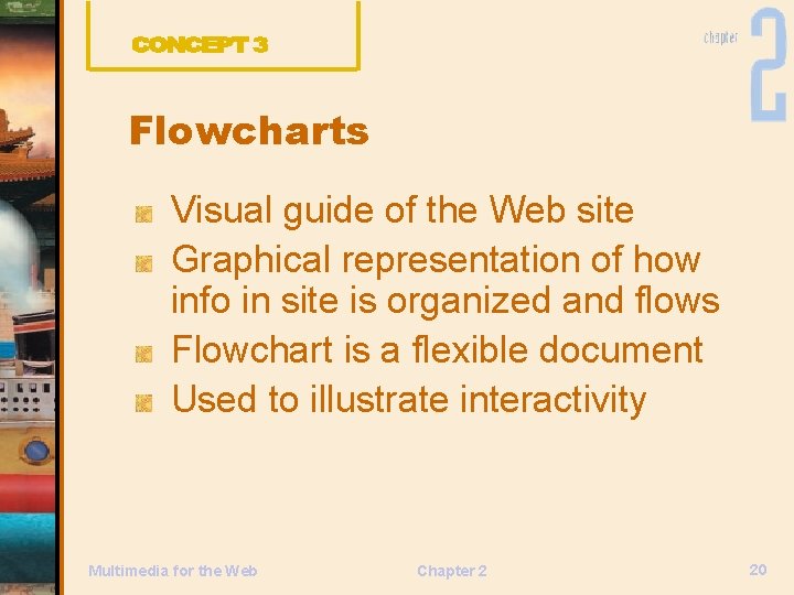 Flowcharts Visual guide of the Web site Graphical representation of how info in site