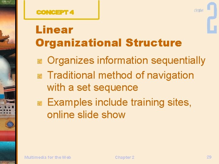 Linear Organizational Structure Organizes information sequentially Traditional method of navigation with a set sequence
