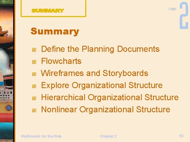 Summary Define the Planning Documents Flowcharts Wireframes and Storyboards Explore Organizational Structure Hierarchical Organizational