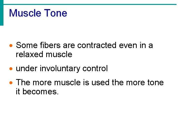 Muscle Tone · Some fibers are contracted even in a relaxed muscle · under