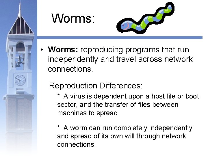 Worms: • Worms: reproducing programs that run independently and travel across network connections. Reproduction