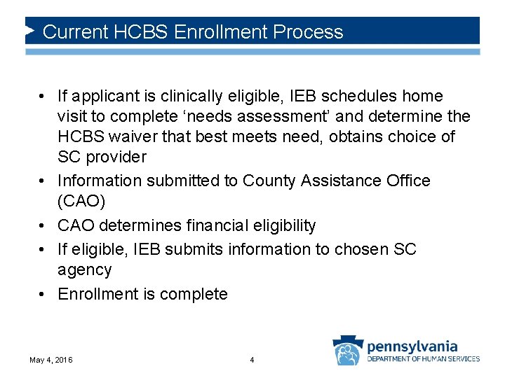 Current HCBS Enrollment Process • If applicant is clinically eligible, IEB schedules home visit
