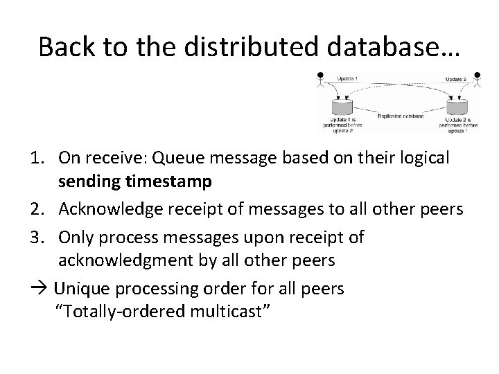Back to the distributed database… 1. On receive: Queue message based on their logical