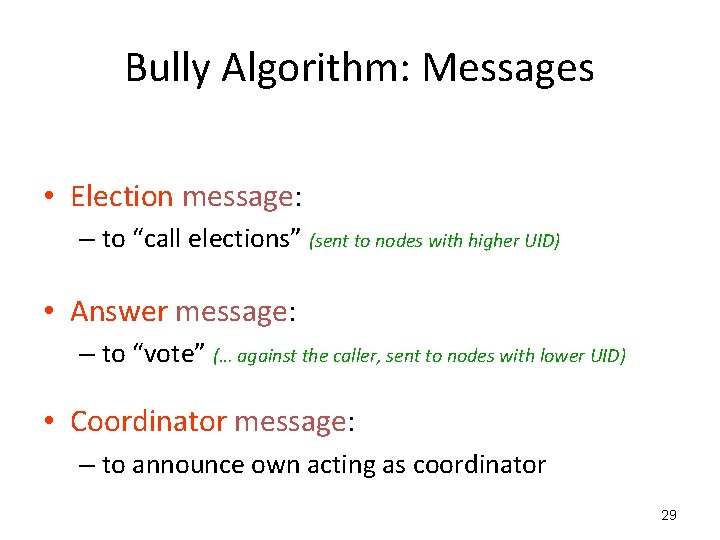 Bully Algorithm: Messages • Election message: – to “call elections” (sent to nodes with Bully Algorithm: Messages • Election message: – to “call elections” (sent to nodes with