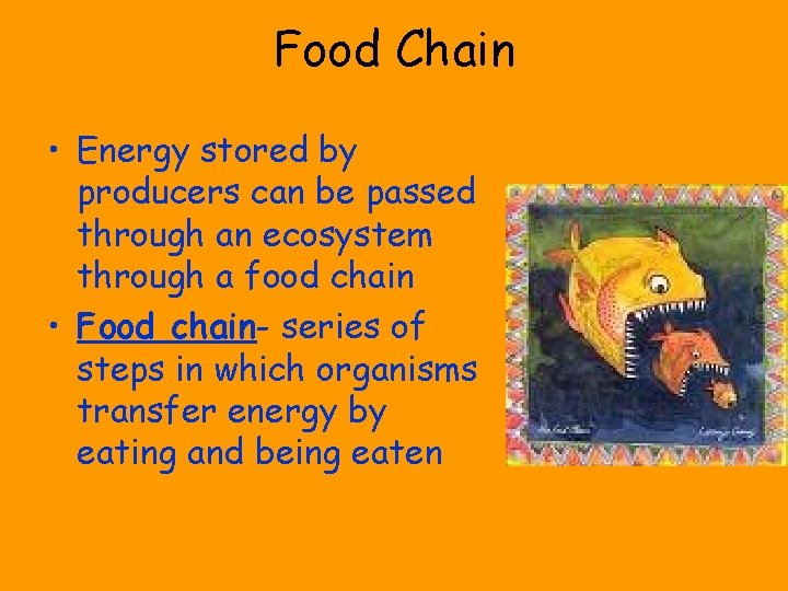 Food Chain • Energy stored by producers can be passed through an ecosystem through