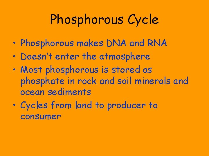 Phosphorous Cycle • Phosphorous makes DNA and RNA • Doesn’t enter the atmosphere •