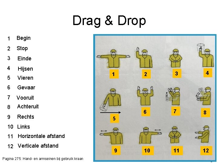 Drag & Drop 1 Begin 2 Stop 3 Einde 4 Hijsen 5 Vieren 6