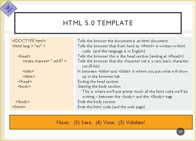HTML 5. 0 TEMPLATE <!DOCTYPE html> <html lang = "en" > <head> <meta charset=