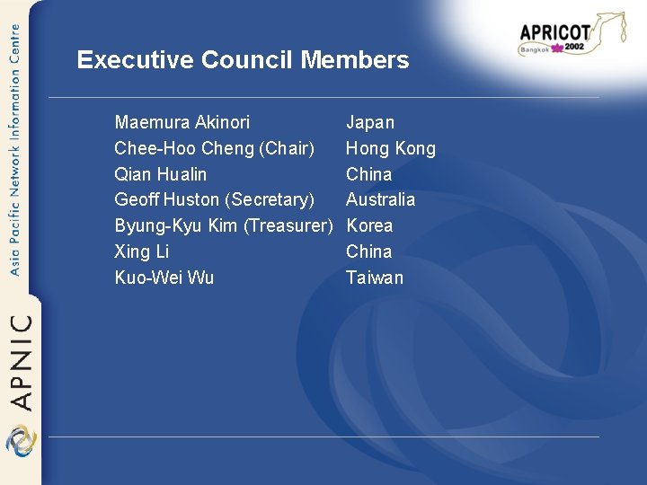 Executive Council Members Maemura Akinori Chee-Hoo Cheng (Chair) Qian Hualin Geoff Huston (Secretary) Byung-Kyu