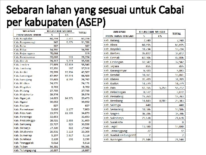 Sebaran lahan yang sesuai untuk Cabai per kabupaten (ASEP) 