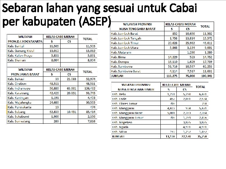 Sebaran lahan yang sesuai untuk Cabai per kabupaten (ASEP) 