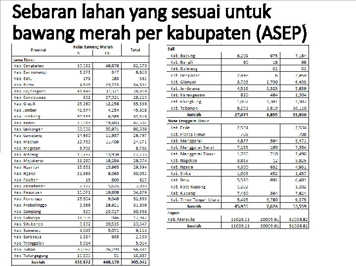Sebaran lahan yang sesuai untuk bawang merah per kabupaten (ASEP) 