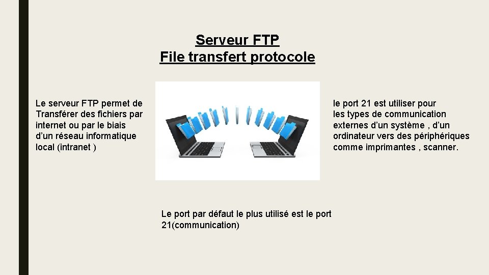 Serveur FTP File transfert protocole Le serveur FTP permet de Transférer des fichiers par