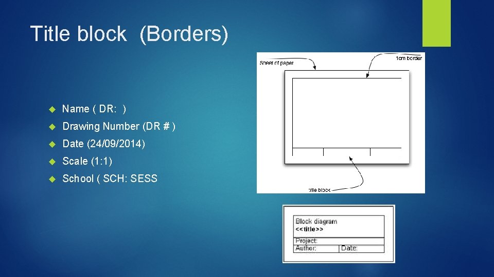 Title block (Borders) Name ( DR: ) Drawing Number (DR # ) Date (24/09/2014)