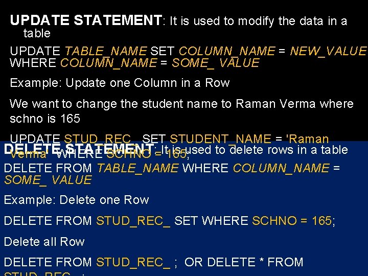 UPDATE STATEMENT: It is used to modify the data in a table UPDATE TABLE_NAME
