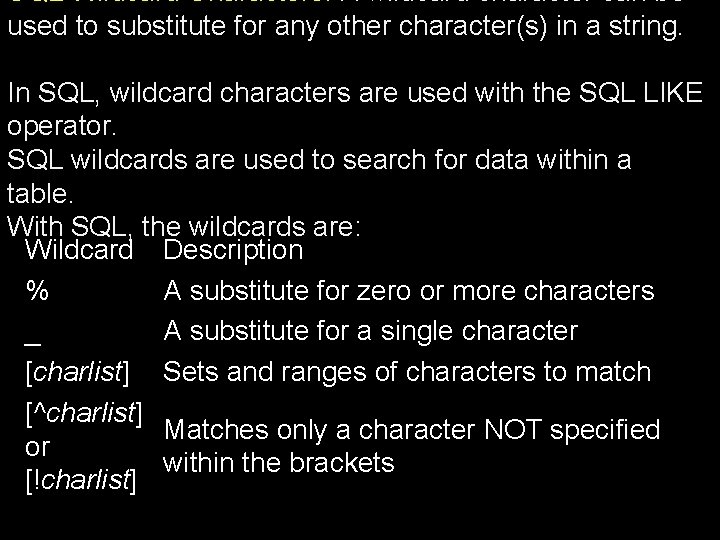 SQL Wildcard Characters: A wildcard character can be used to substitute for any other