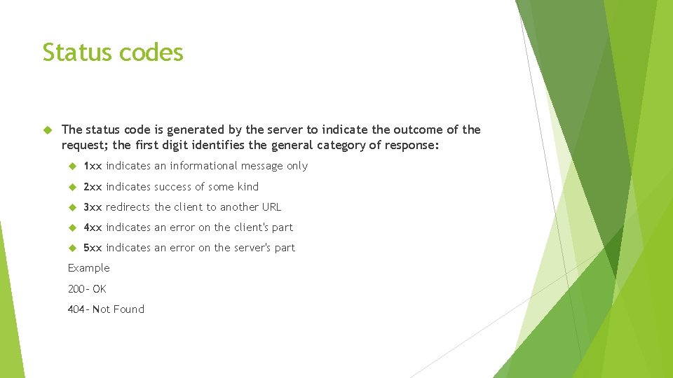 Status codes The status code is generated by the server to indicate the outcome Status codes The status code is generated by the server to indicate the outcome