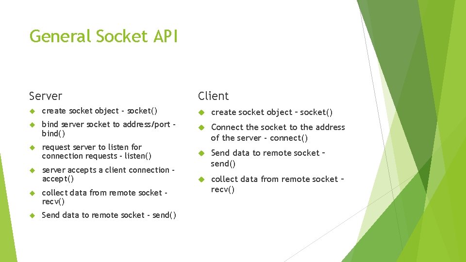 General Socket API Server Client create socket object – socket() bind server socket to General Socket API Server Client create socket object – socket() bind server socket to