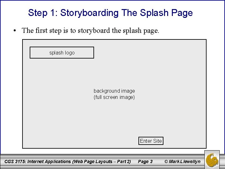 Step 1: Storyboarding The Splash Page • The first step is to storyboard the